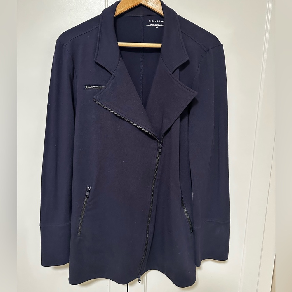 Eileen Fisher Women's Navy Organic Cotton Asymmetrical Zip Moto Jacket
